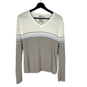 Vintage 90s Cream Blue V Neck Long Sleeve Ribber Long Sleeve Sweater Top XL